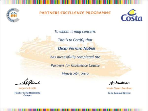 Certificado Costa Cruceros - Experiencia profesional en spas de cruceros internacionales