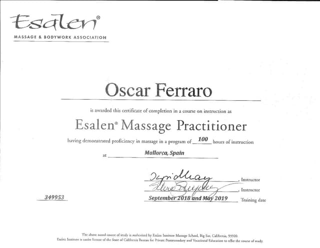 Certificado Esalen - Masaje holístico y técnicas de bienestar integral